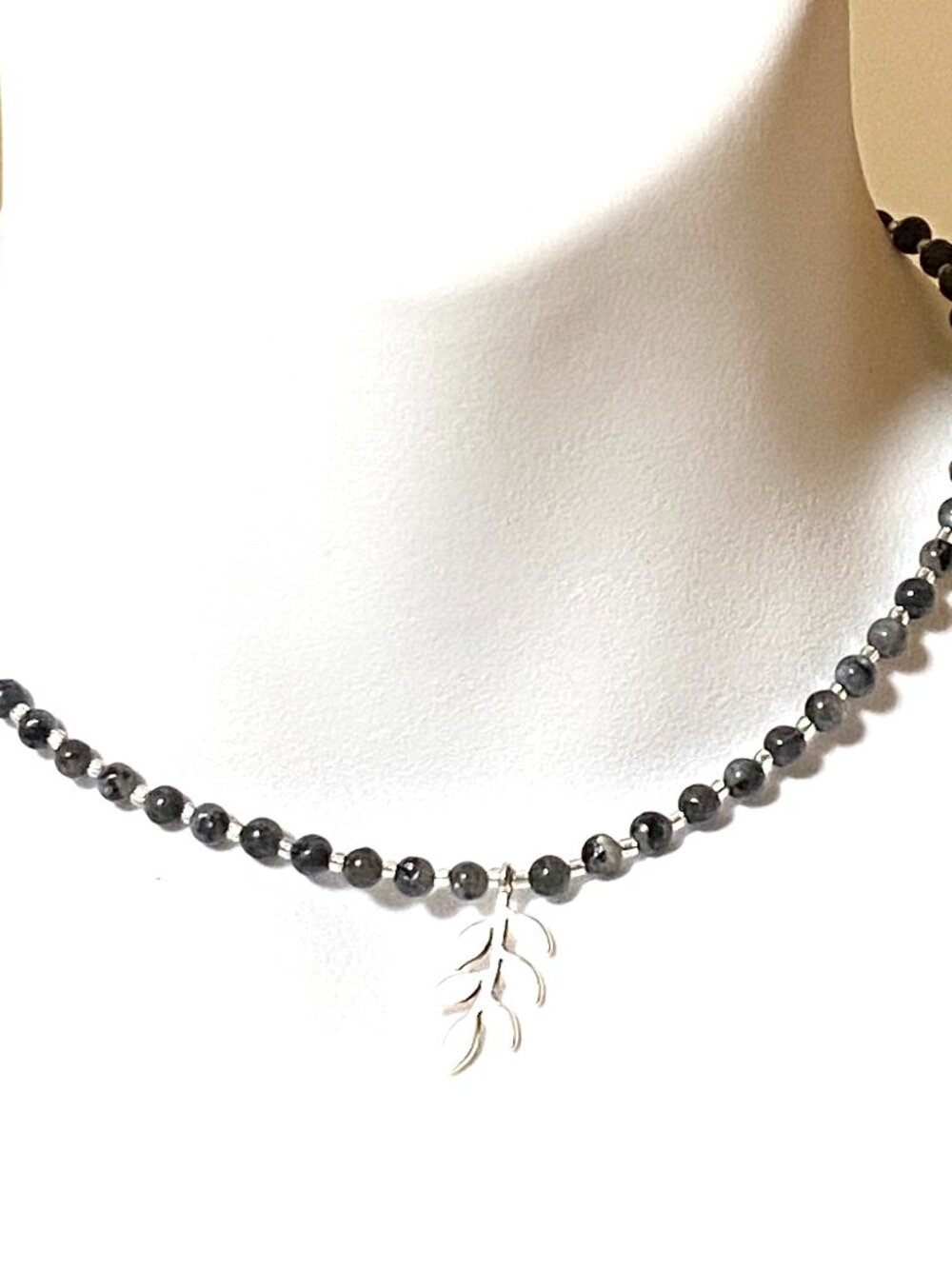 Larvikite Short Necklace, Natural Gemstone & Silver Leaf Branch Pendant